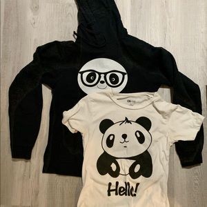 Kids Panda shirt with a black panda sweater.